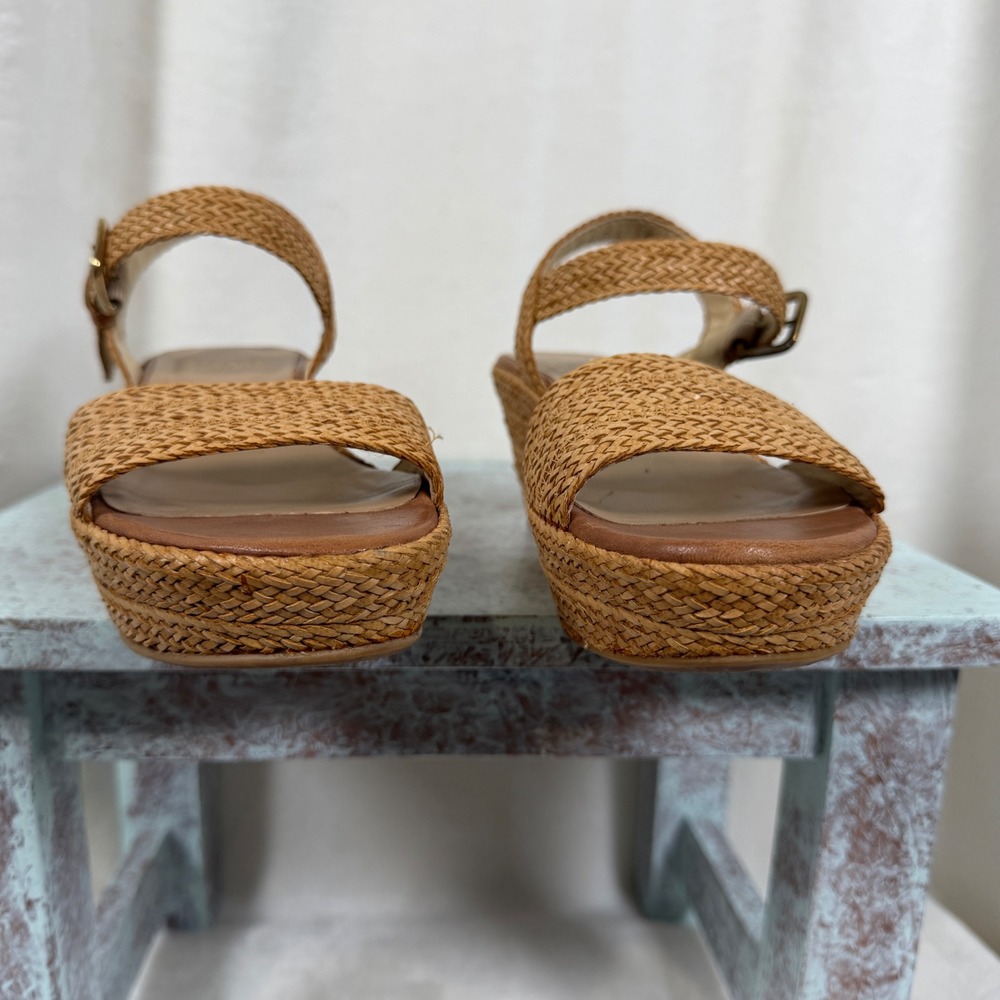 Stuart Weitzman Barbados Wedge Sandals Women 5.5 Tan Woven Platform Ankle Strap - Picture 7 of 11